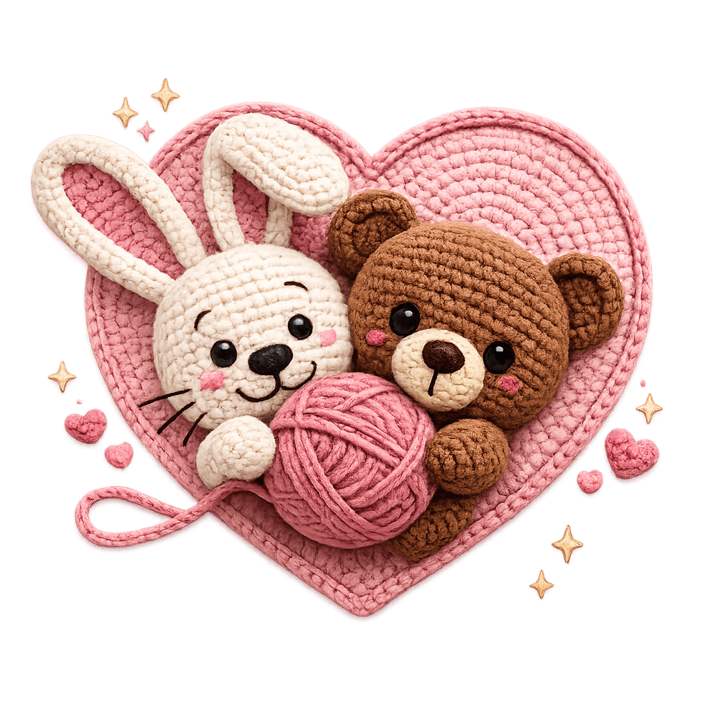 Crochet bunny and bear nestled together inside a pink heart, holding a ball of yarn